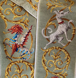 Pair: 8' 4" Long 10" Wide Unused Antique French Needlepoint Panels, Figural Dog, Dragon