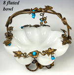 Antique French Opaline 8-lobed Bonbon or Bowl, Blue Opaline Beads, Ormolu Basket