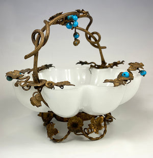 Antique French Opaline 8-lobed Bonbon or Bowl, Blue Opaline Beads, Ormolu Basket