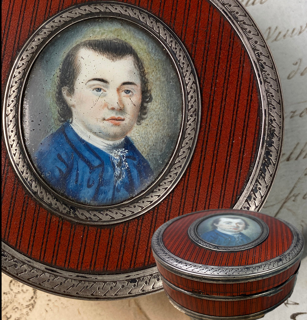 Antique French 18th Century Portrait Miniature Snuff Box, Vernis Martin, Shell and Silver