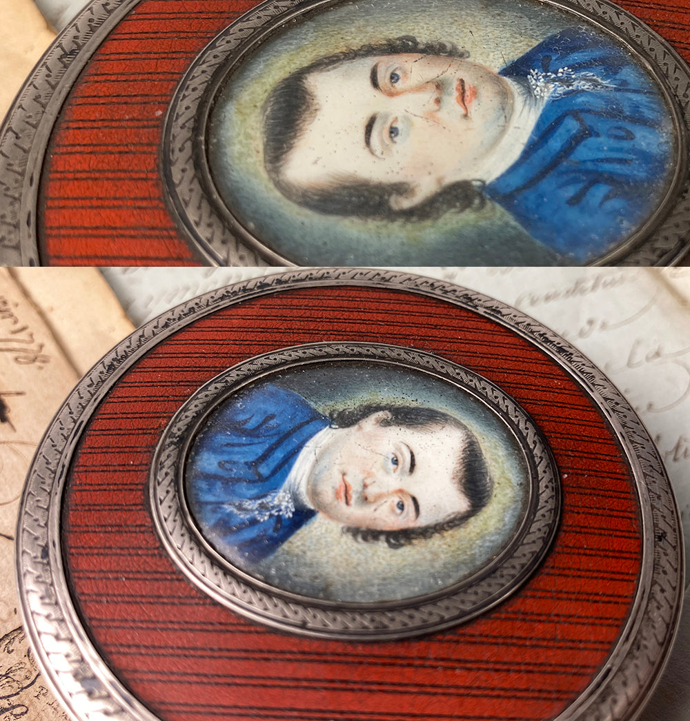 Antique French 18th Century Portrait Miniature Snuff Box, Vernis Martin, Shell and Silver