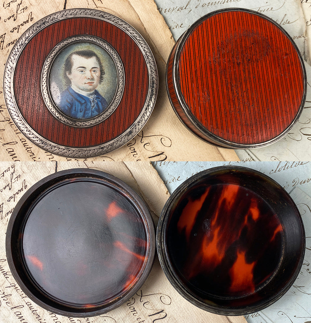 Antique French 18th Century Portrait Miniature Snuff Box, Vernis Martin, Shell and Silver