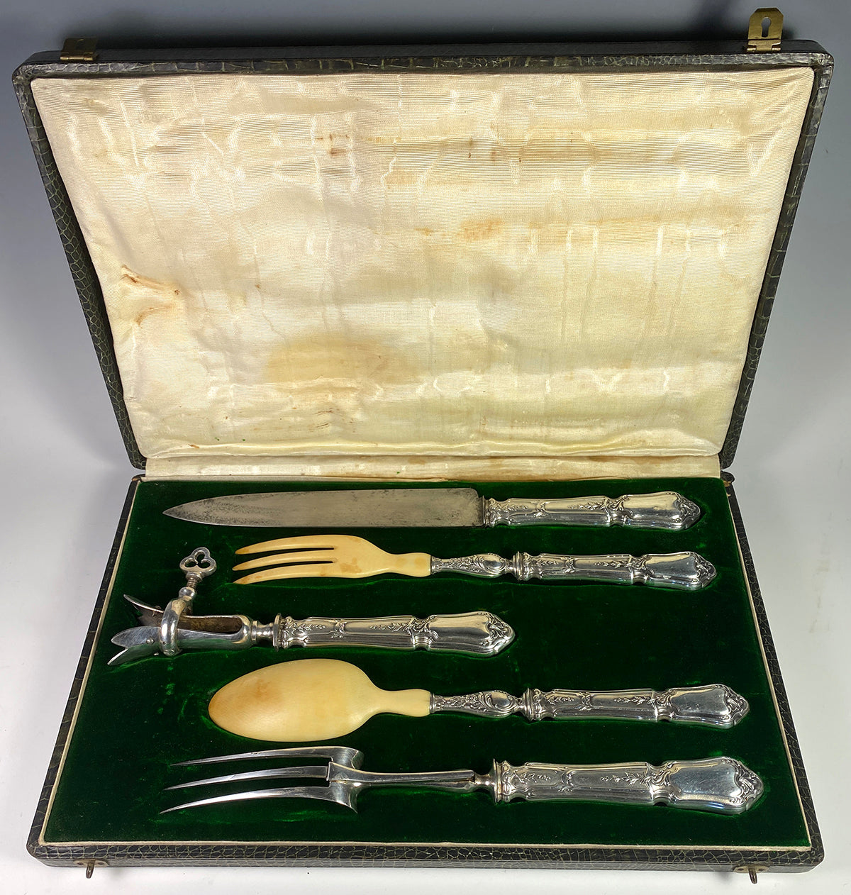 Set of 5 Antique French Sterling Silver Serving Pieces, Cutlery Carving Set 2 Gigot, Salad Set