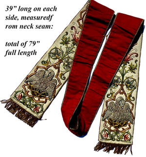 Antique French Silk and Metallic Thread Embroidery 79" Ecclesiastical Stole, Catholic Shawl