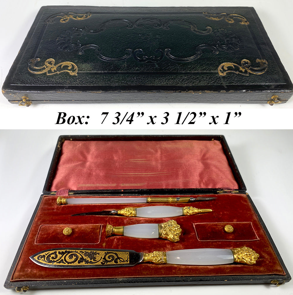 Rare Antique 18th Century to c.1810 Desk or Writer's Set, Pen, Wax Seal, Agate Handles, 18k