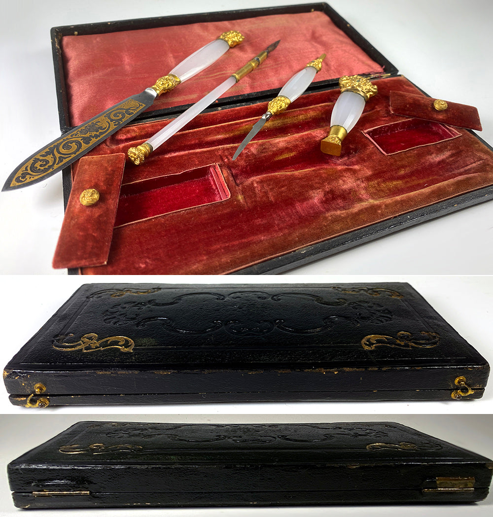 Rare Antique 18th Century to c.1810 Desk or Writer's Set, Pen, Wax Seal, Agate Handles, 18k