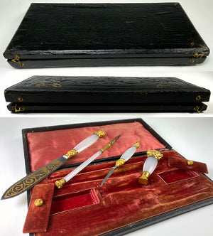 Rare Antique 18th Century to c.1810 Desk or Writer's Set, Pen, Wax Seal, Agate Handles, 18k