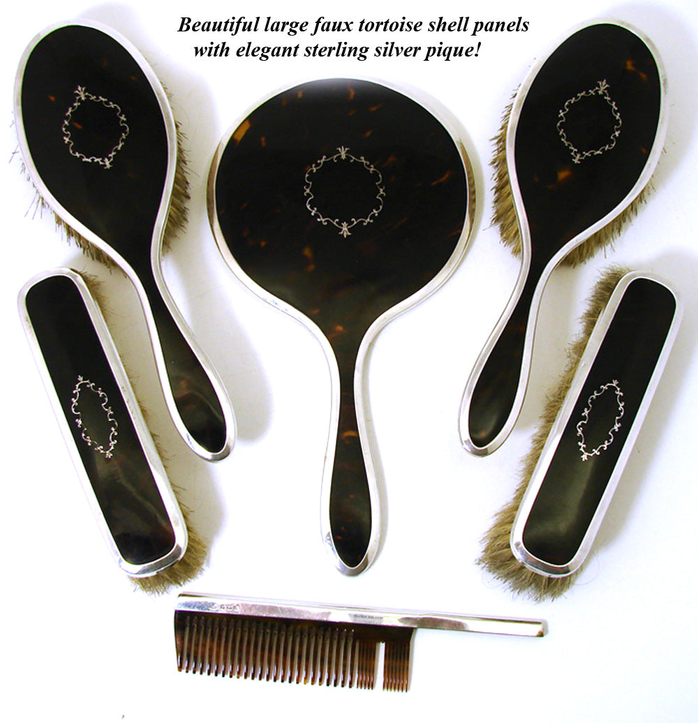 Antique English 1902 Hallmarked Sterling Silver Dressing or Vanity Set, Mirror & Brushes, Pique Inlay