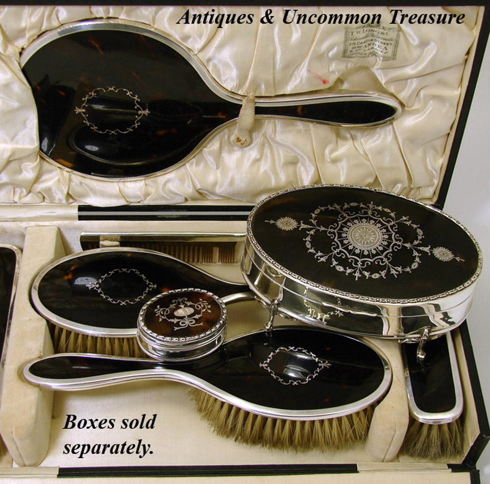 Antique English 1902 Hallmarked Sterling Silver Dressing or Vanity Set, Mirror & Brushes, Pique Inlay