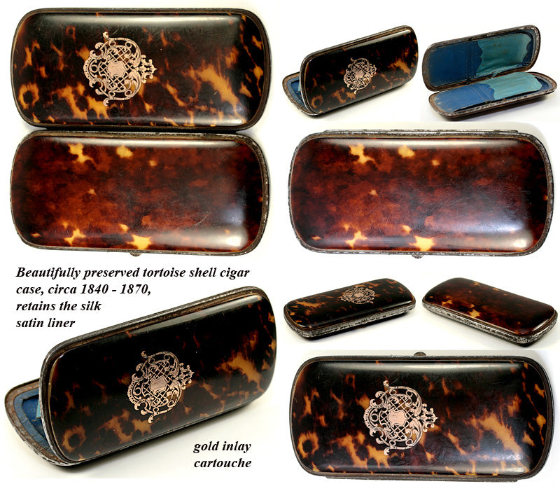 Fine Antique Tortoise Shell Cigar Case, French Tortoiseshell Pique, EC