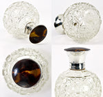 Antique English Sterling Silver and Tortoise Shell Cap 4" Cut Crystal Perfume Bottle