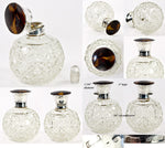 Antique English Sterling Silver and Tortoise Shell Cap 4" Cut Crystal Perfume Bottle