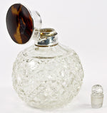 Antique English Sterling Silver and Tortoise Shell Cap 4" Cut Crystal Perfume Bottle