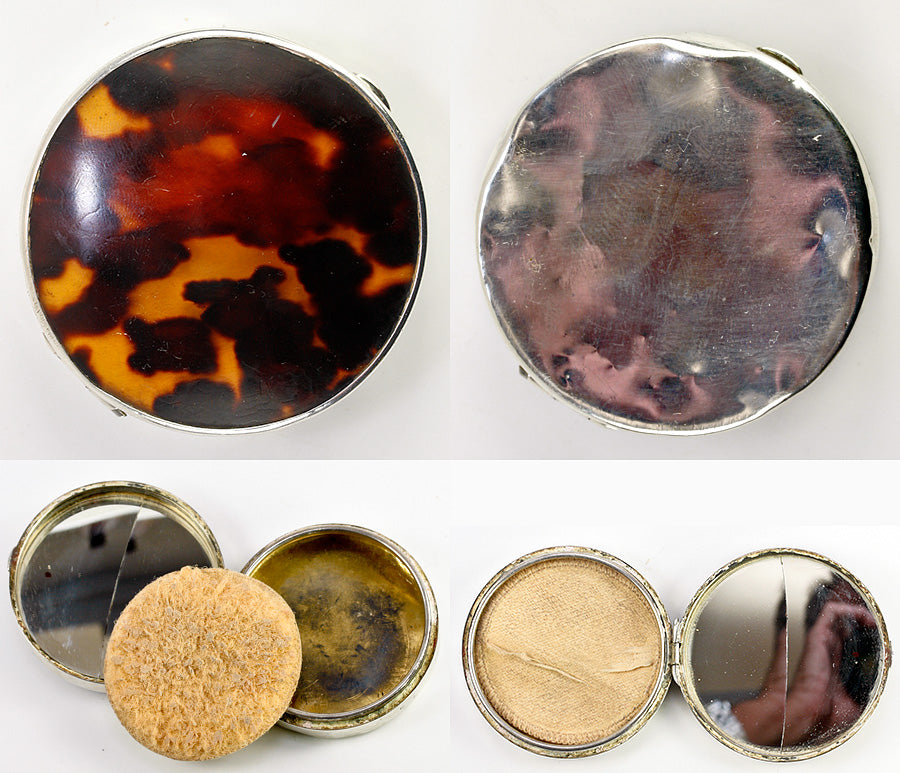 Antique Rough Compact Antique English Sterling Silver Rouge Compact with Tortoise Shell Lid ...