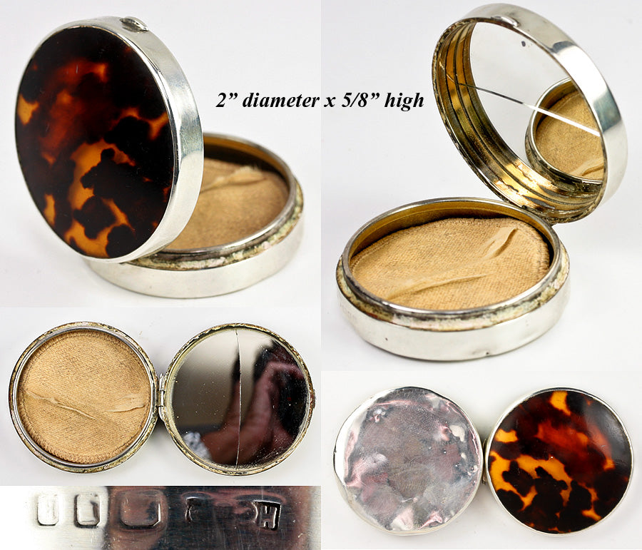 Antique Rough Compact Antique English Sterling Silver Rouge Compact with Tortoise Shell Lid ...