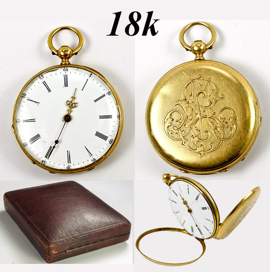 Elegantly Engraved Antique French Cesar a Lorient 18k Gold Pocket