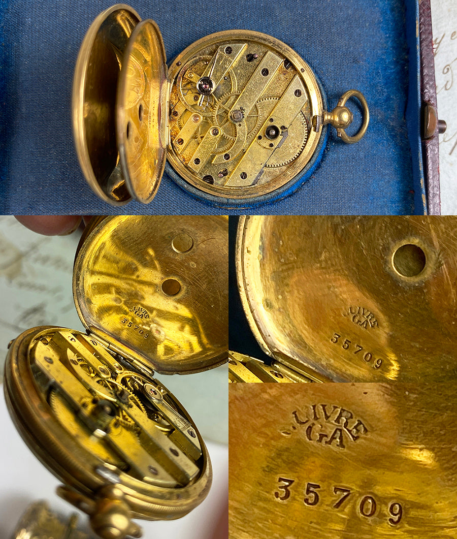 Elegantly Engraved Antique French Cesar a Lorient 18k Gold Pocket Watch, Key Wind in Box