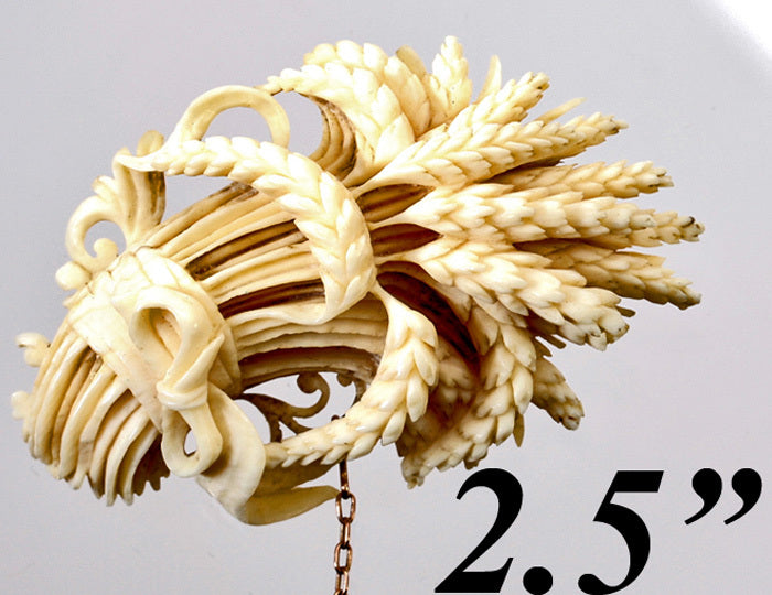 Antique Victorian Era French Dieppe Carved Mourning Brooch, Sheaves of Wheat in Ribbon, Ivory