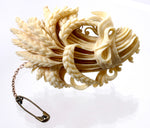 Antique Victorian Era French Dieppe Carved Mourning Brooch, Sheaves of Wheat in Ribbon, Ivory