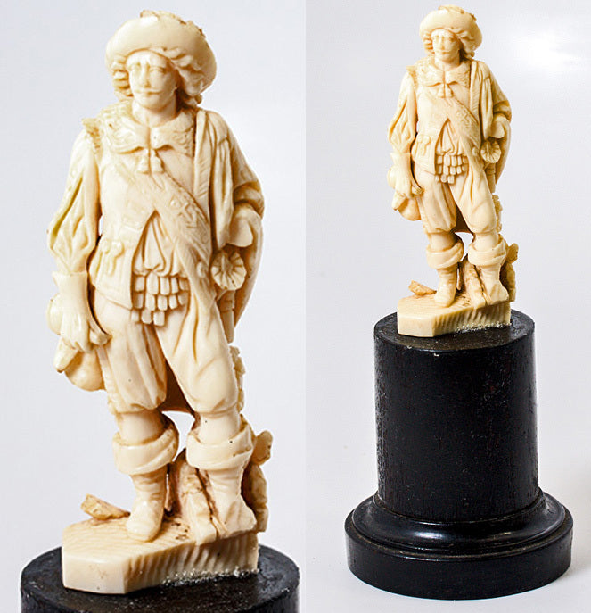 Antique Dieppe Carved Ivory Cavalier Statue, French Sculpture on Ebonized Wood Plinth