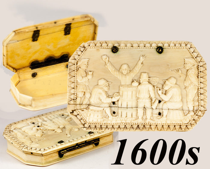 Antique Hand Carved Ivory Table Snuff Box, 7 People in Bas Relief, c. 17th to 18th Century