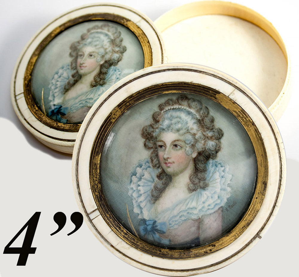 Superb Antique Georgian Portrait Miniature Ivory Snuff or Powder Box, 4" Diam, Signed "J. Beale"