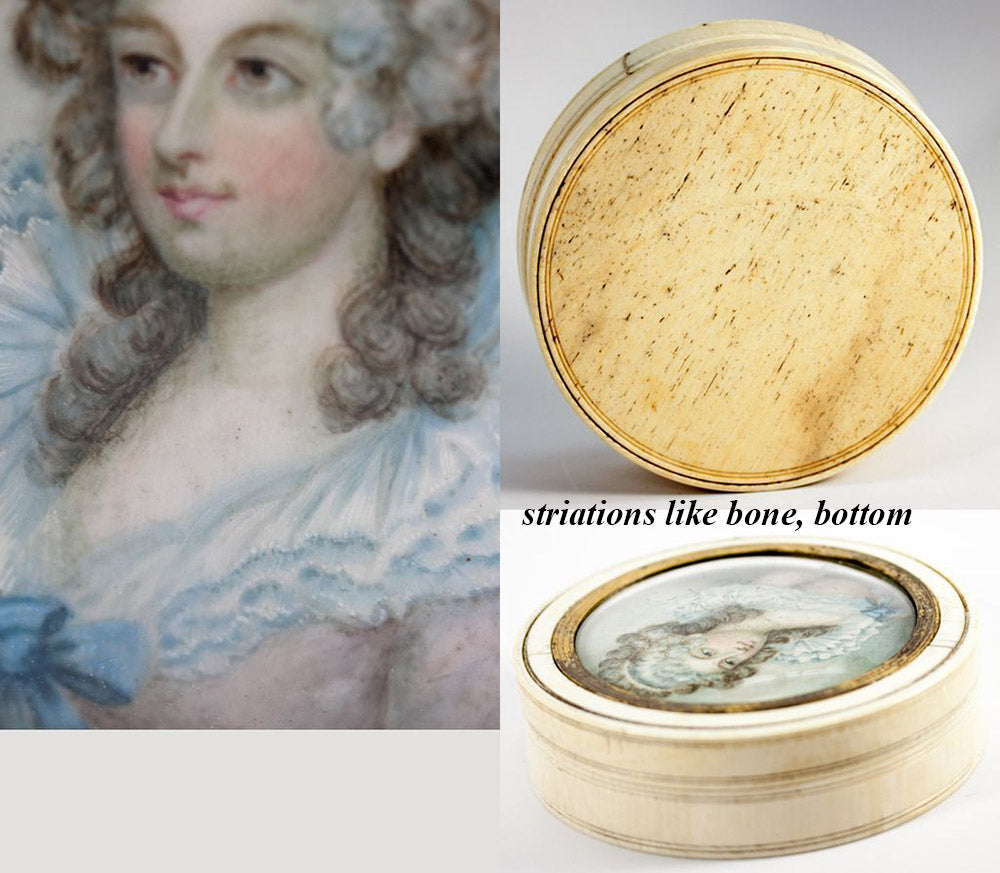 Superb Antique Georgian Portrait Miniature Ivory Snuff or Powder Box, 4" Diam, Signed "J. Beale"