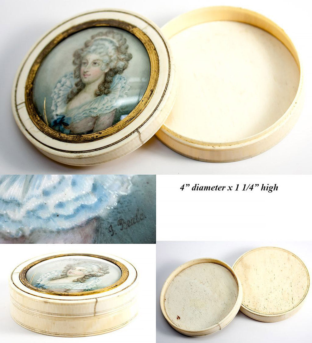 Superb Antique Georgian Portrait Miniature Ivory Snuff or Powder Box, 4" Diam, Signed "J. Beale"