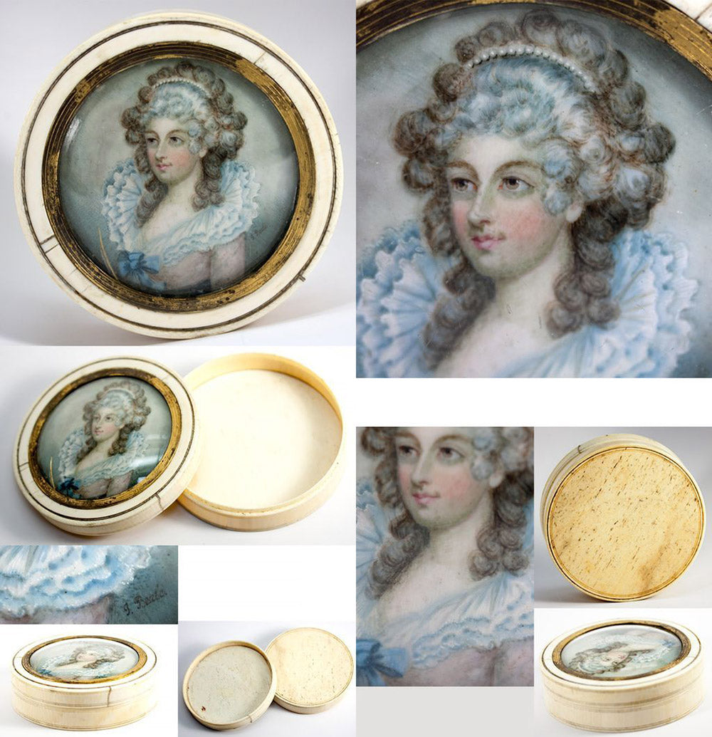 Superb Antique Georgian Portrait Miniature Ivory Snuff or Powder Box, 4" Diam, Signed "J. Beale"