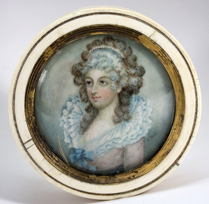 Superb Antique Georgian Portrait Miniature Ivory Snuff or Powder Box, 4" Diam, Signed "J. Beale"