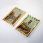 Antique PAIR of Miniature Landscape Oil Paintings in Gilt Wood Frames, Doll House or Shelf