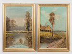 Antique PAIR of Miniature Landscape Oil Paintings in Gilt Wood Frames, Doll House or Shelf