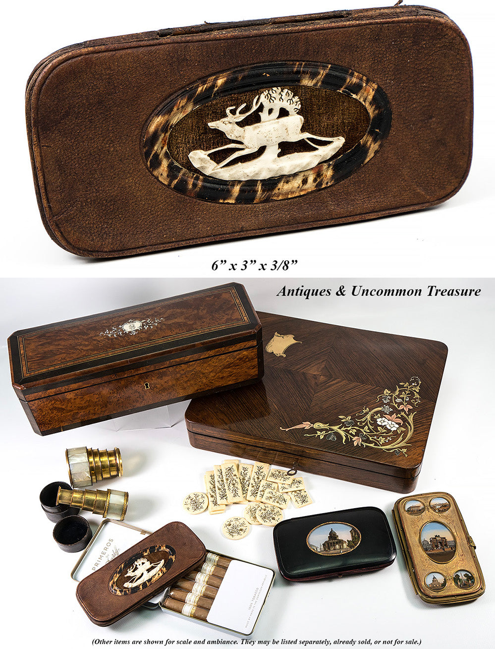 Antique Victorian Era Cigar or Spectacles Case, Purse, Carved Stag in Antler, Tortoise Shell