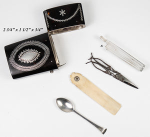 Antique c.1800 French Necessaire, Vanity Etui w Scent Perfume Bottle, Medicine Spoon, Folding Scissors, Etc