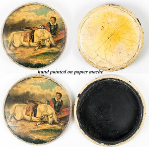 Antique Victorian Era English Hand Painted Papier Mache Snuff or Patch Box, Horse, Rider