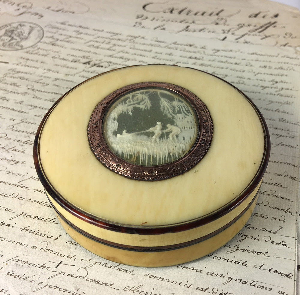 RARE c.1700s Dieppe Masterpiece, Carved Fishermen, Ivory and Tortoise Shell Snuff Box