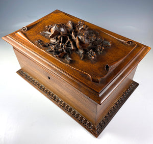 Antique Hand Carved Wood Black Forest 10.5" Floral Jewelry Box or Cigar Presenter, EC