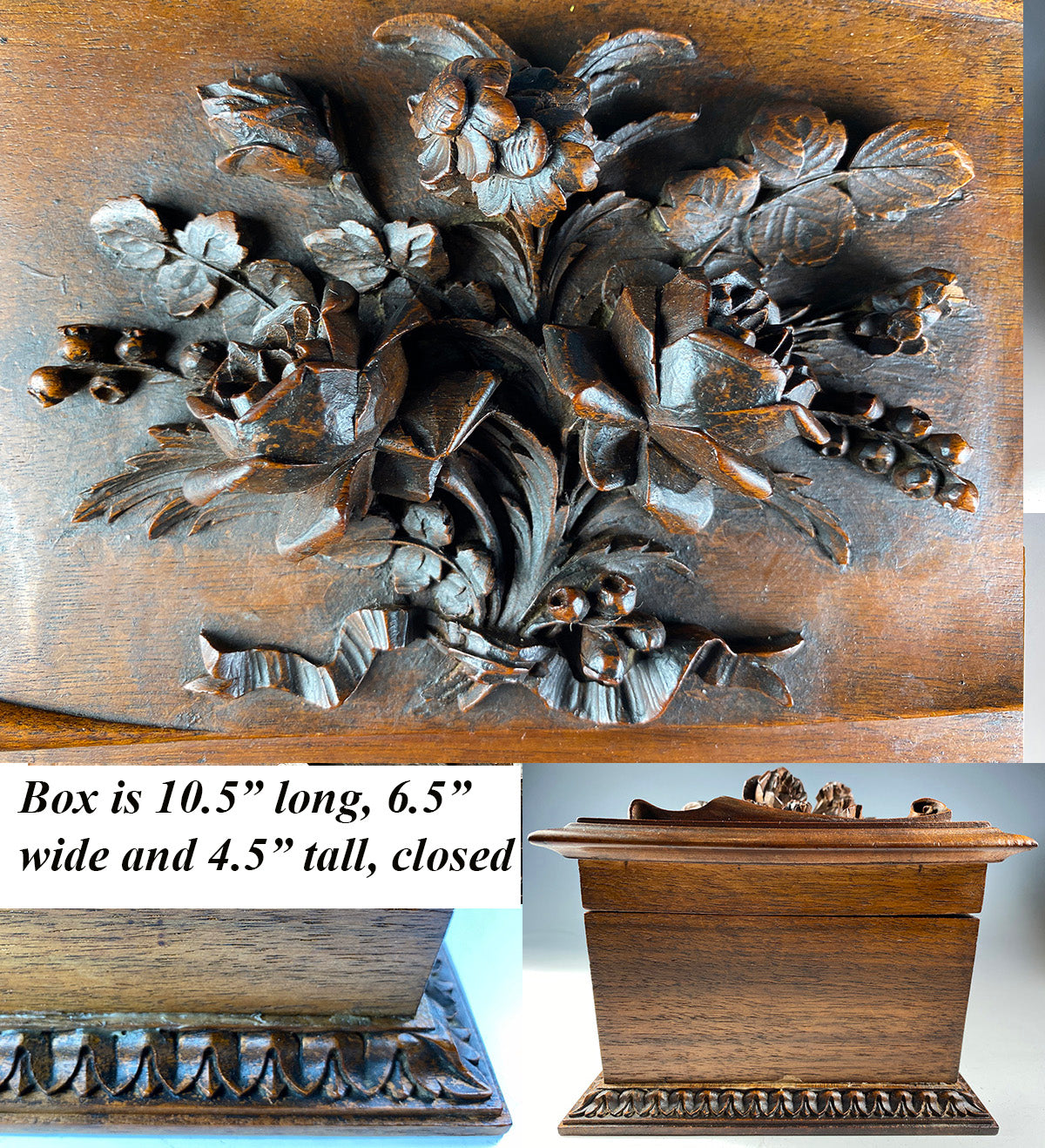 Antique Hand Carved Wood Black Forest 10.5" Floral Jewelry Box or Cigar Presenter, EC