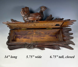 Antique Swiss Carved Black Forest 14" Long Documents or Gloves Box, Hen on Wheat, Lock w Key