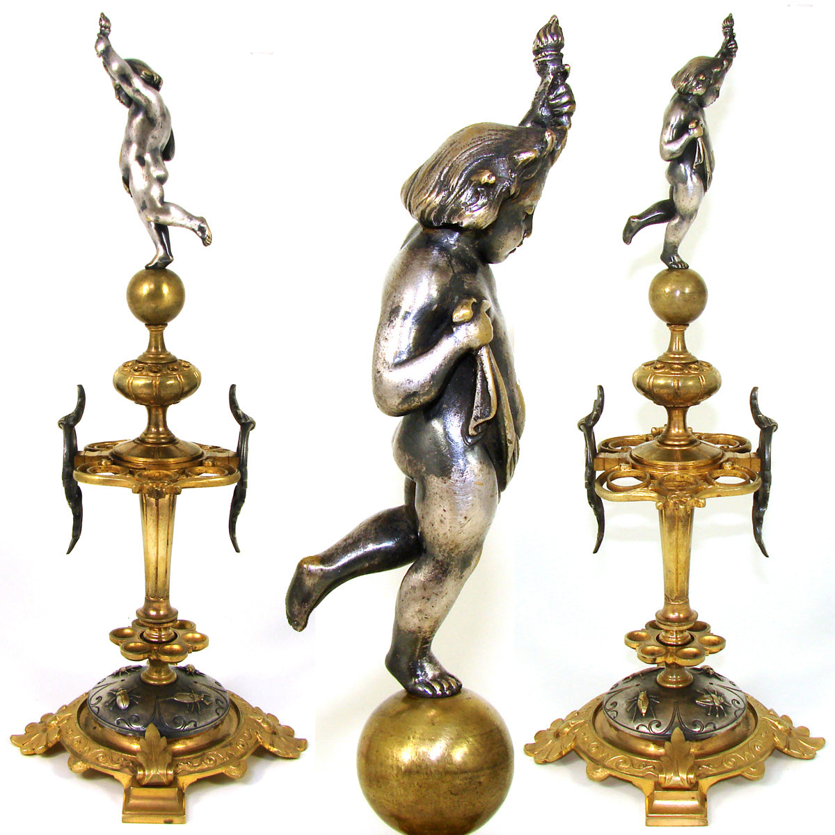 Fab Antique French Gilt Bronze 13.5" Cigar Presenter, Silvered Cherub or Putti, Profile Medallions & Insects