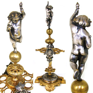 Fab Antique French Gilt Bronze 13.5" Cigar Presenter, Silvered Cherub or Putti, Profile Medallions & Insects