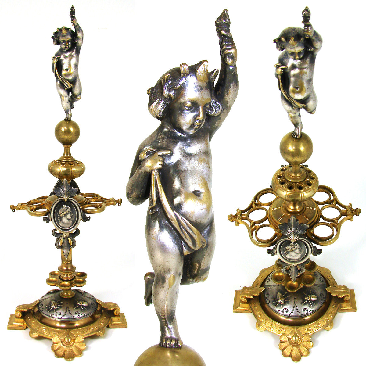 Fab Antique French Gilt Bronze 13.5" Cigar Presenter, Silvered Cherub or Putti, Profile Medallions & Insects