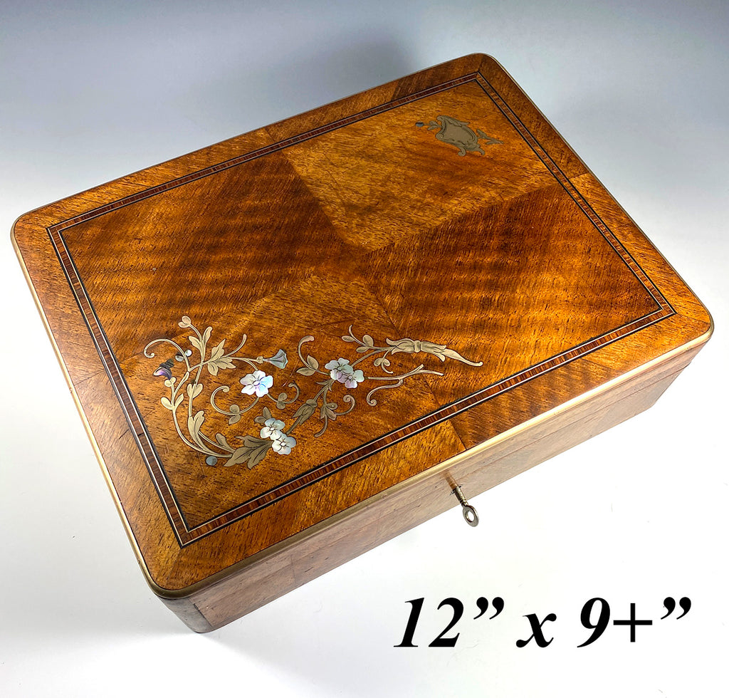 Antique French 12" x 9" Kingwood and Marquetry Boulle Game or Table Box, Lock w Key, Mother of Pearl and Brass Inlays