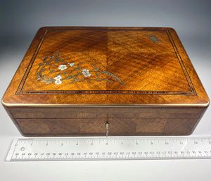 Antique French 12" x 9" Kingwood and Marquetry Boulle Game or Table Box, Lock w Key, Mother of Pearl and Brass Inlays