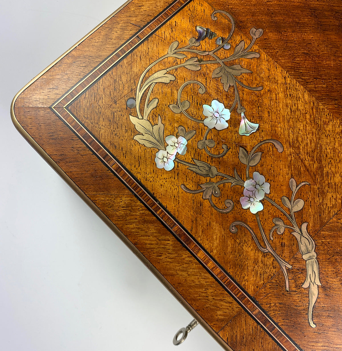 Antique French 12" x 9" Kingwood and Marquetry Boulle Game or Table Box, Lock w Key, Mother of Pearl and Brass Inlays