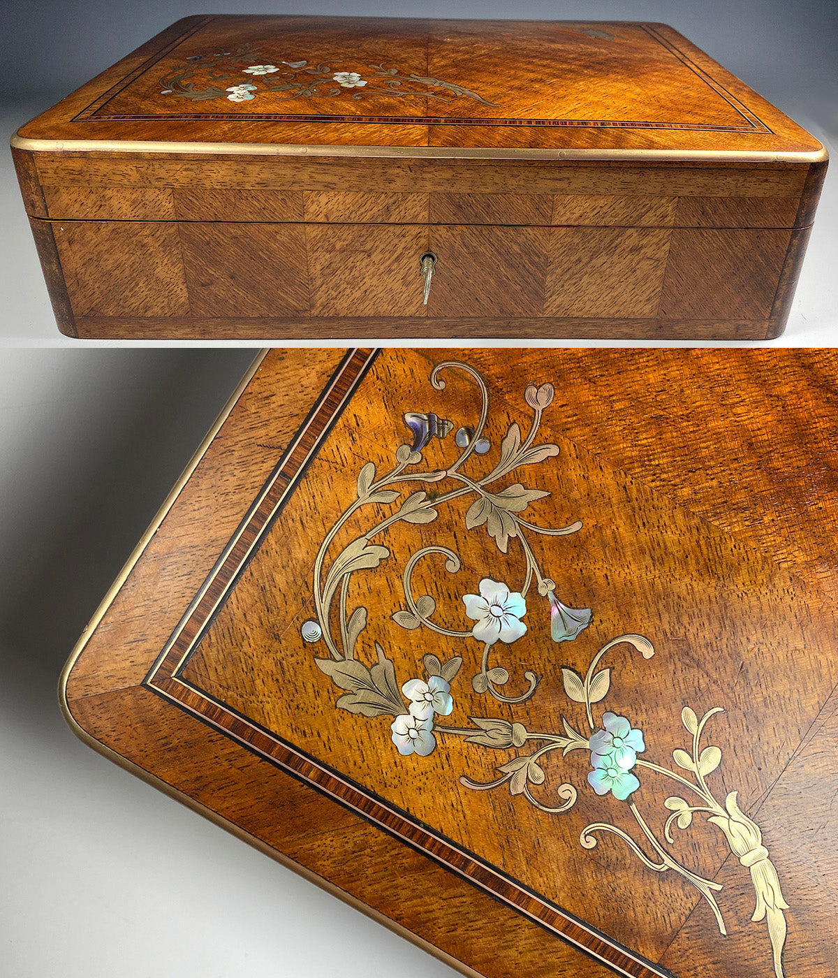 Antique French 12" x 9" Kingwood and Marquetry Boulle Game or Table Box, Lock w Key, Mother of Pearl and Brass Inlays