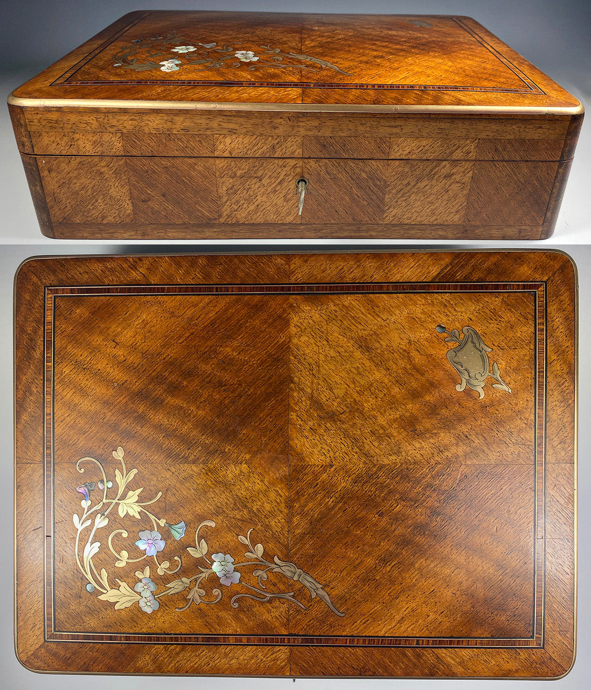 Antique French 12" x 9" Kingwood and Marquetry Boulle Game or Table Box, Lock w Key, Mother of Pearl and Brass Inlays