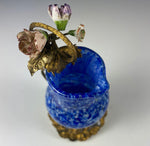 Antique French Art Glass Petit Pitcher, Creamer, Porcelain Flowers and Ormolu Frame