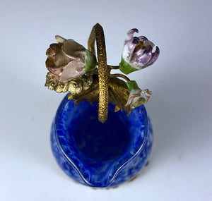 Antique French Art Glass Petit Pitcher, Creamer, Porcelain Flowers and Ormolu Frame