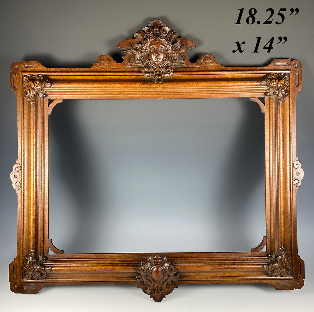 Exceptional Neoclassical Antique Hand Carved Figural Frame, 18.25" x 14", for Art, Photo or Mirror